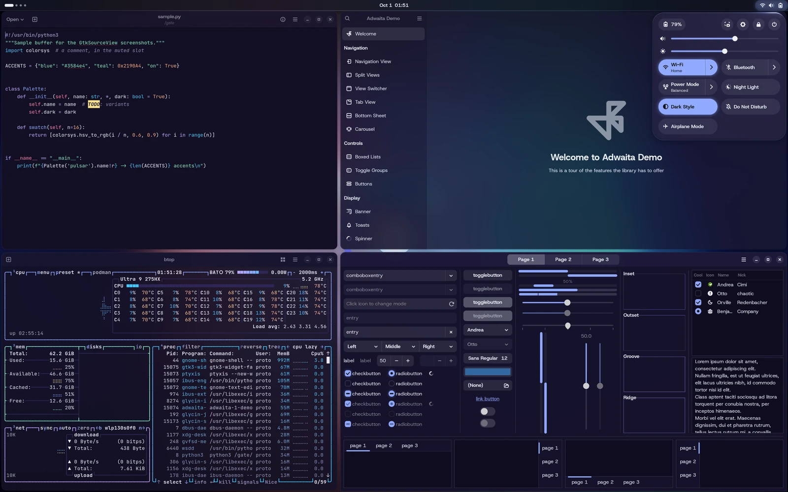 The Pulsar desktop in the Pulsar Holo theme: GNOME with the top bar, a terminal and the wallpaper.